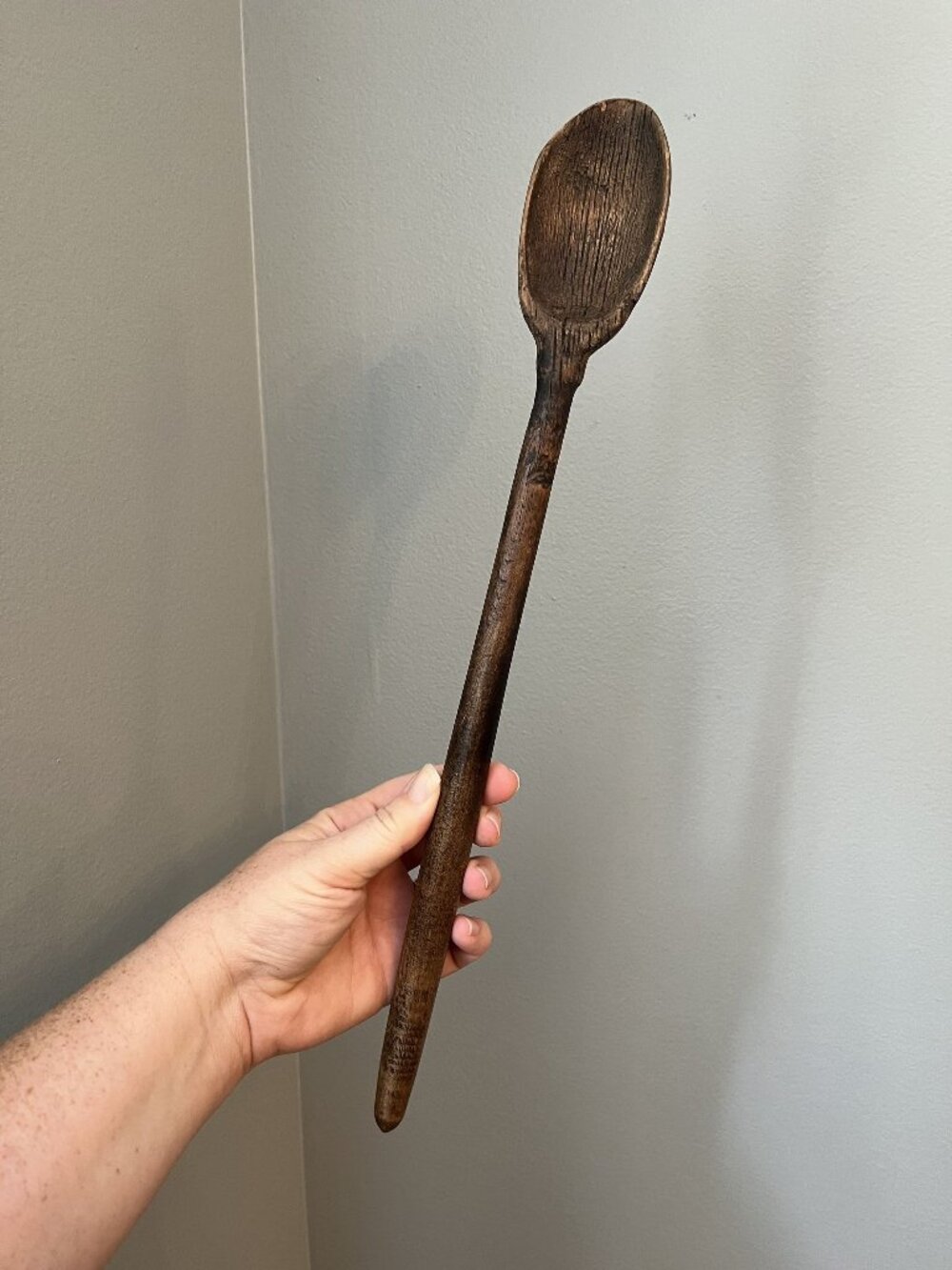 Vintage Hand-Carved Wooden Mixing Spoon 16" With Deep Oval Bowl & Dark Patina Ha